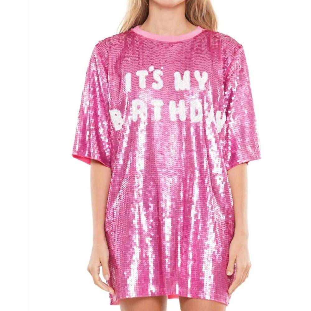 NEW WHY DRESS it's my birthday block letter sequin dress in pink